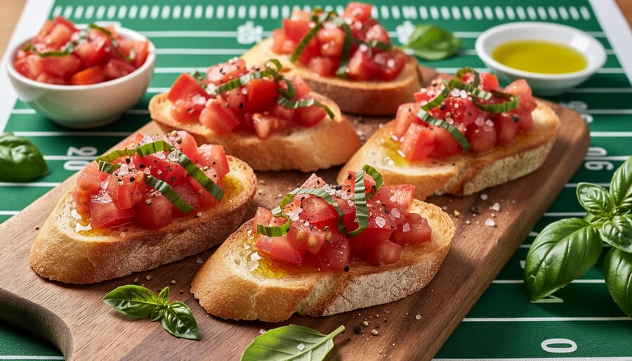 Close-up of hands preparing garden-fresh bruschetta with tomatoes and basil