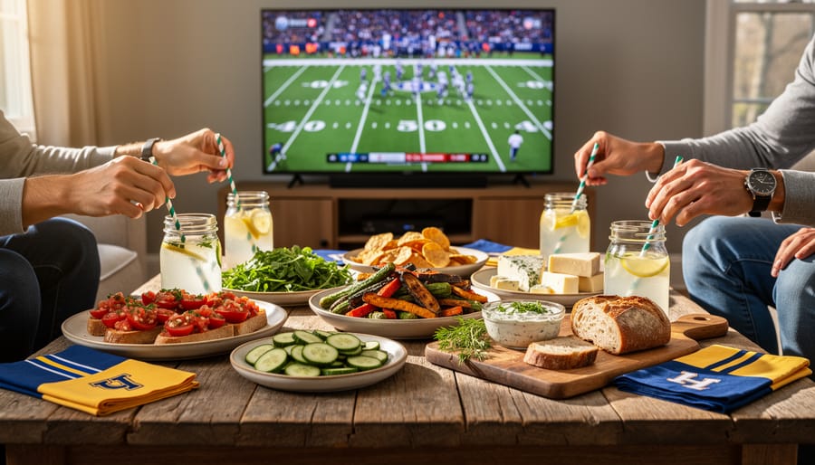 Overhead view of garden-fresh appetizers and snacks arranged on table for sports watch party