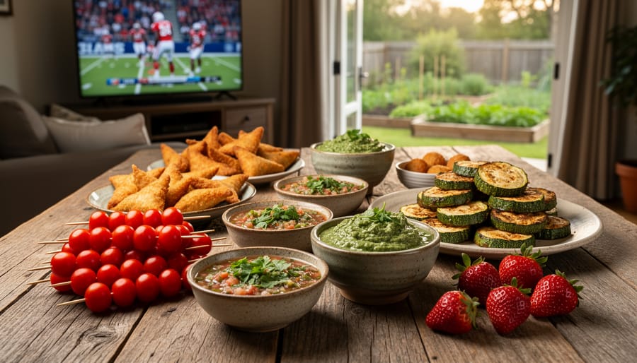 Three-quarter overhead view of a table spread with cherry tomato skewers, jalapeño poppers, zucchini fritters, herb salsas, kale dip, and strawberries, lit by soft side daylight, with a blurred TV showing sports and backyard garden beds in the background.