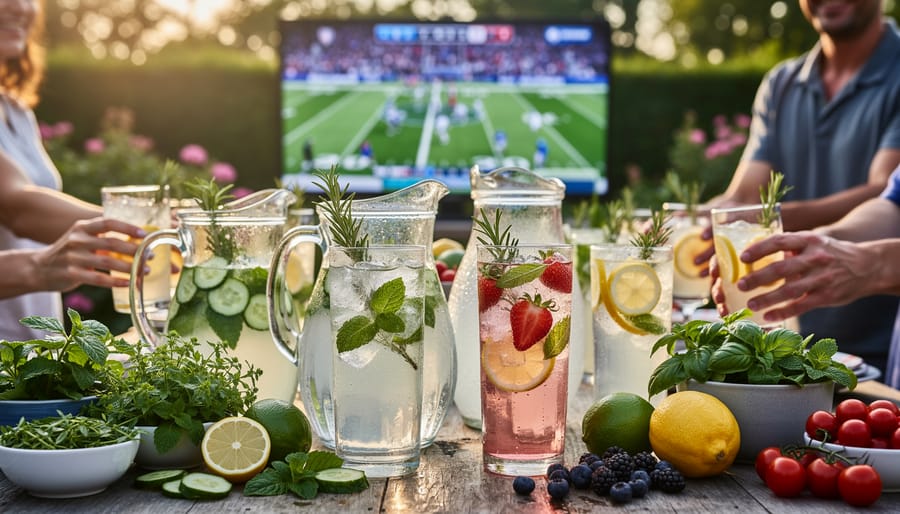 Mason jars filled with herb-infused waters and garden cocktails with fresh garnishes